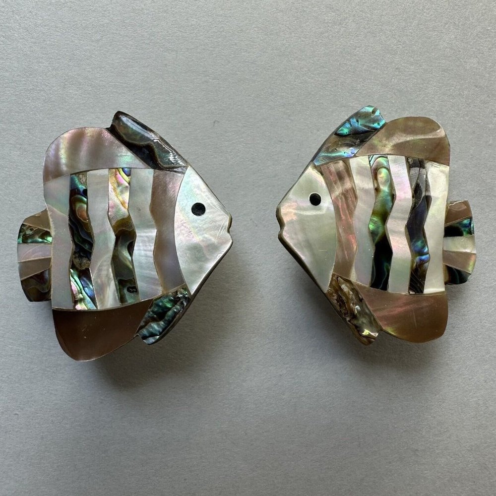 Vintage shell earrings Fish Clip On Mother Of Pearl